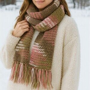 Handmade Scarf 6x66 Pink Green Brown Cream Crochet Fringe Warm Cozy Diamond Boho